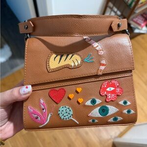 Min & Mon Tan Mini Crossbody Bag with Red, Pink, Green & Yellow Embroidery